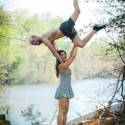 Lyss doing a dynamic standing acro transition.